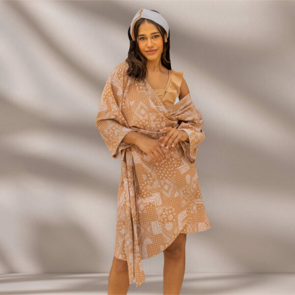 Featuring Mayoh's Serenity beige wrap dress